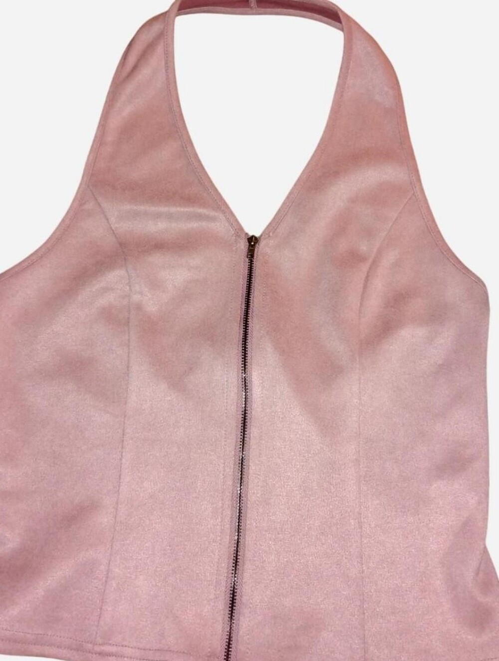 Dusty Pink Faux Suede Full-Zip Halter Top - Size Large (NWT)